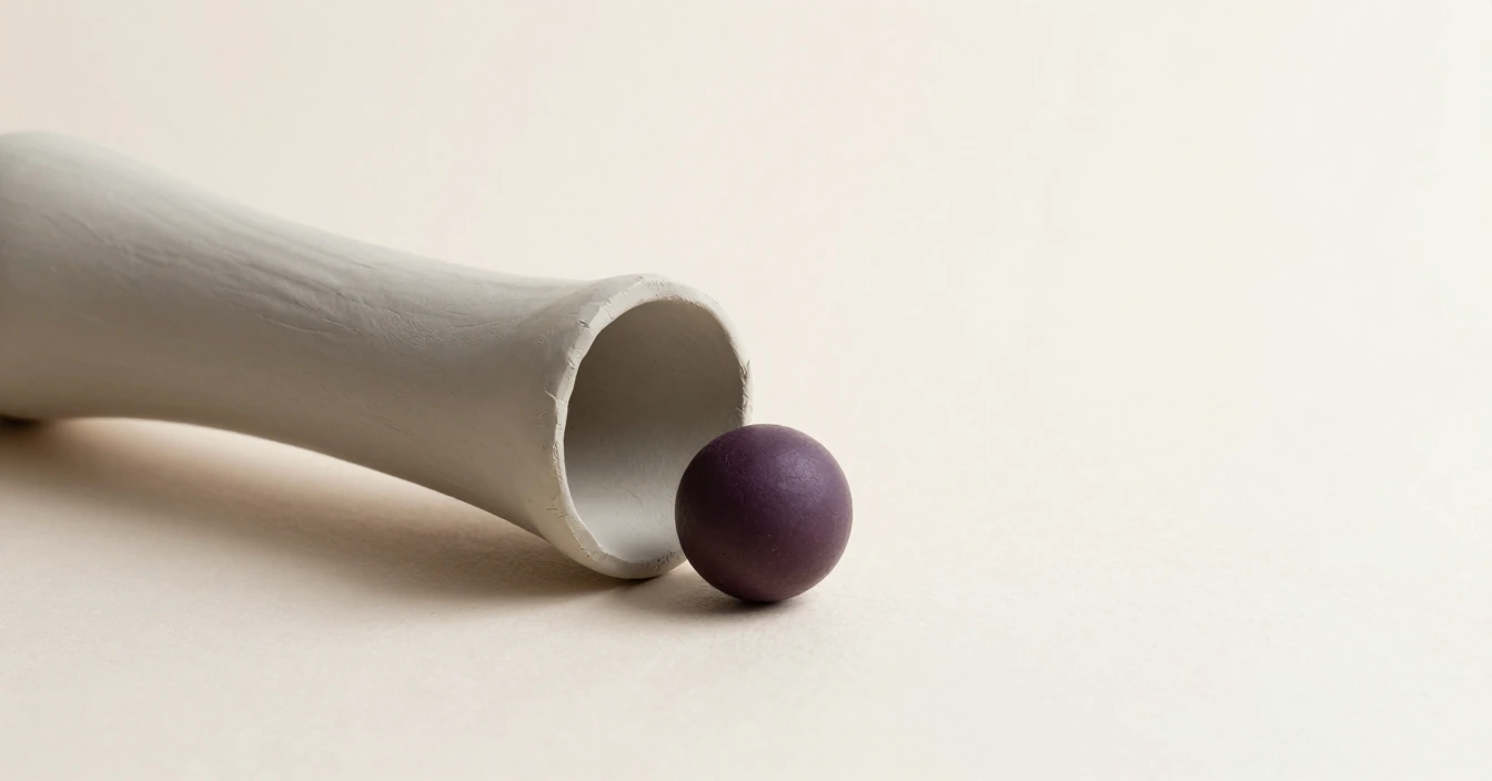 A matte grey clay tube lying on a pale surface, with a deep violet ball resting just outside its open end.