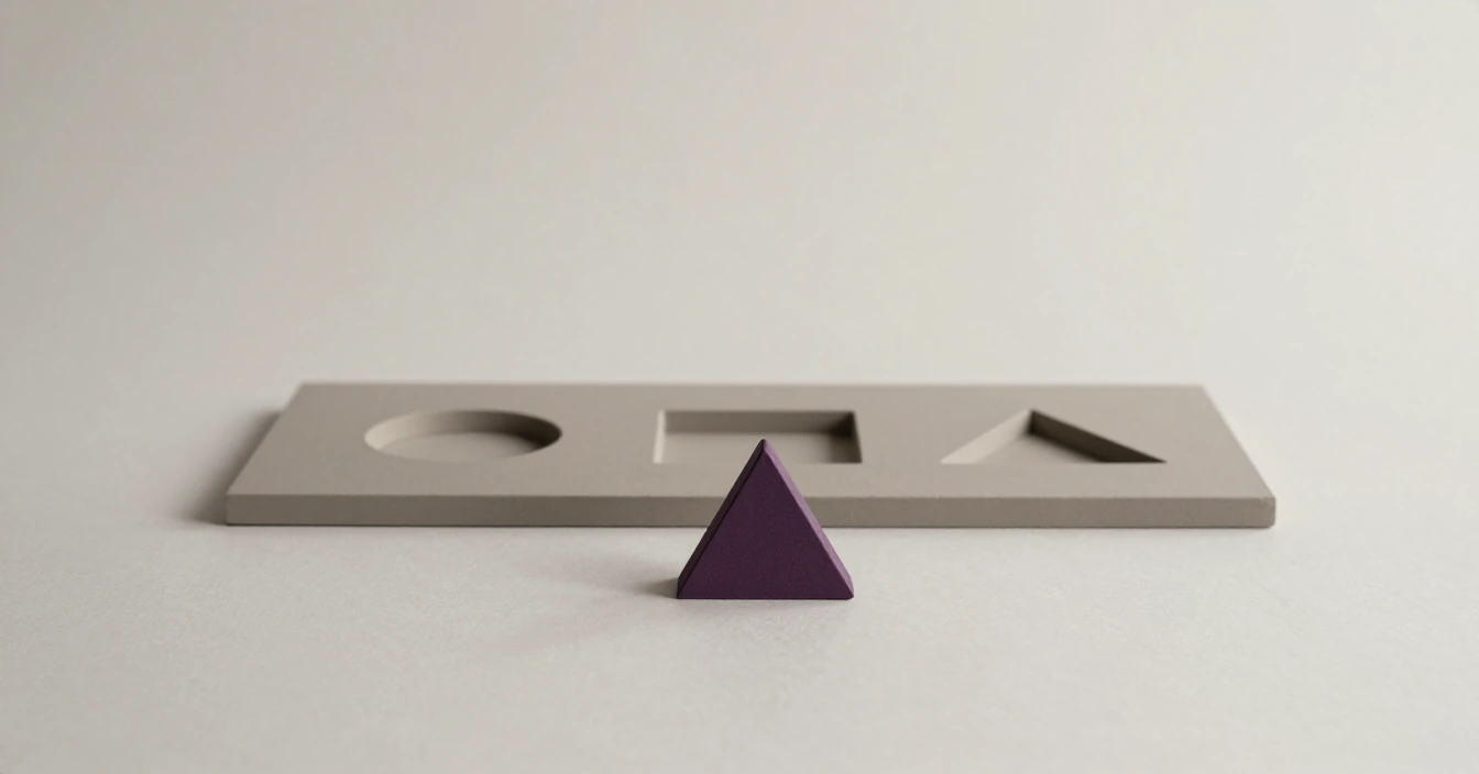 A flat matte grey board with a round, a square and a triangular recess cut into it, and a deep violet triangular block standing on the surface in front of it.