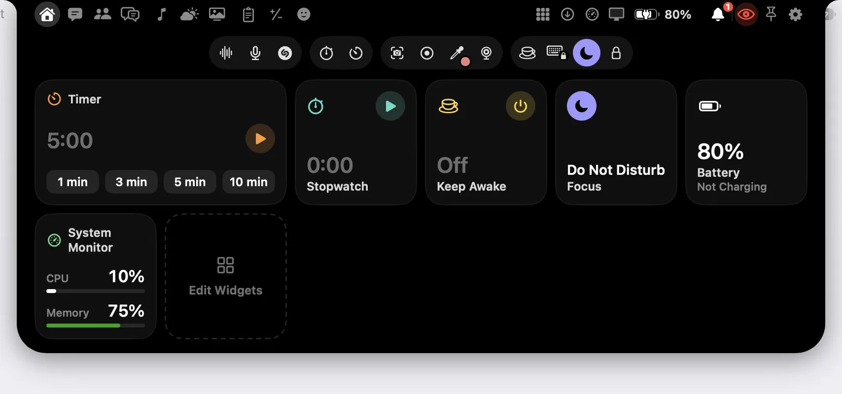 The notch open on Home. Left of the camera, three groups of page buttons; right of it, the pages about this Mac, then the eye, Pin and the gear. Under the camera, four groups of tools; below them, the widgets on Home.